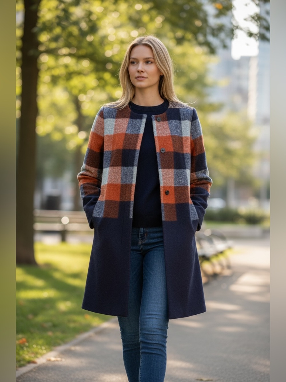 Eva Franco Wool Coat Burnt Orange/Navy Sz S